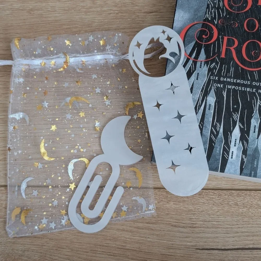 Pearl White 'Celestial Cat' and 'Moon Paperclip' Acrylic Bookmarks, unique gift!